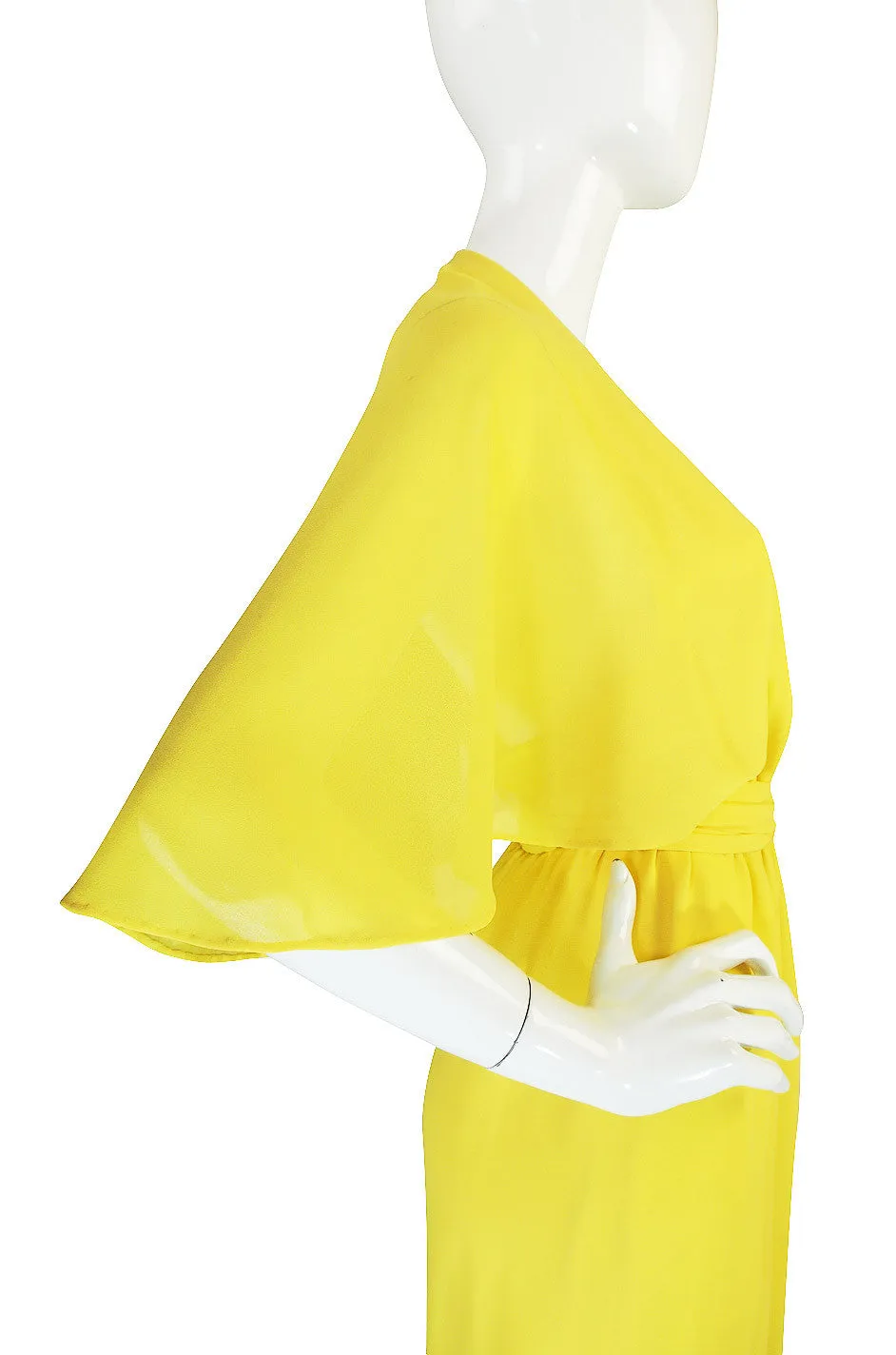 1970s Backless Yellow Wrap Halston Maxi Dress