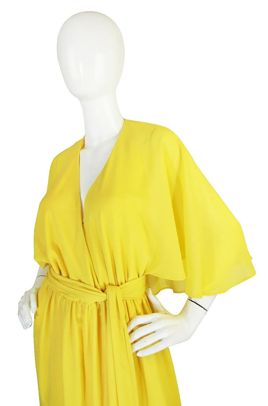 1970s Backless Yellow Wrap Halston Maxi Dress