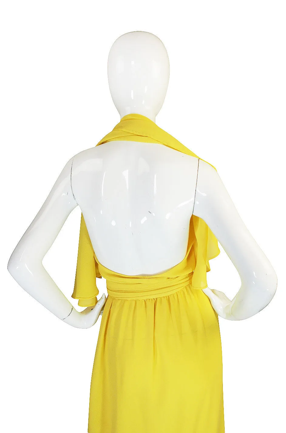 1970s Backless Yellow Wrap Halston Maxi Dress