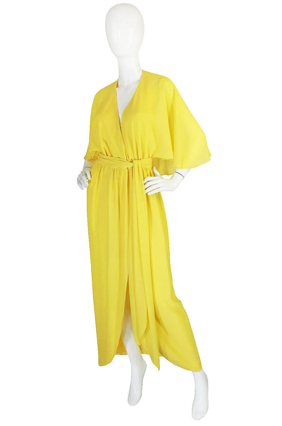 1970s Backless Yellow Wrap Halston Maxi Dress