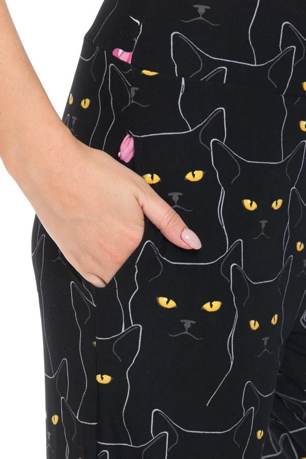 Black Cat Print Soft Lounge Jogger Pants