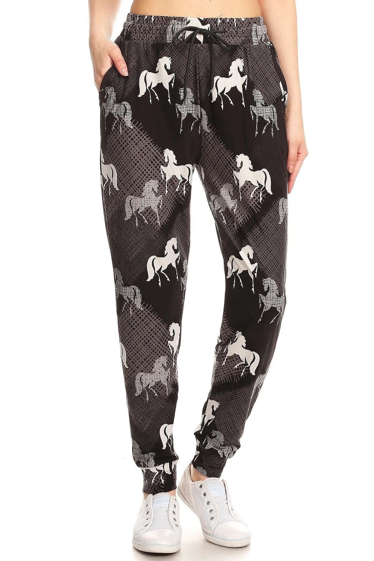 Black White Gray Horse Print Soft Lounge Jogger Pants