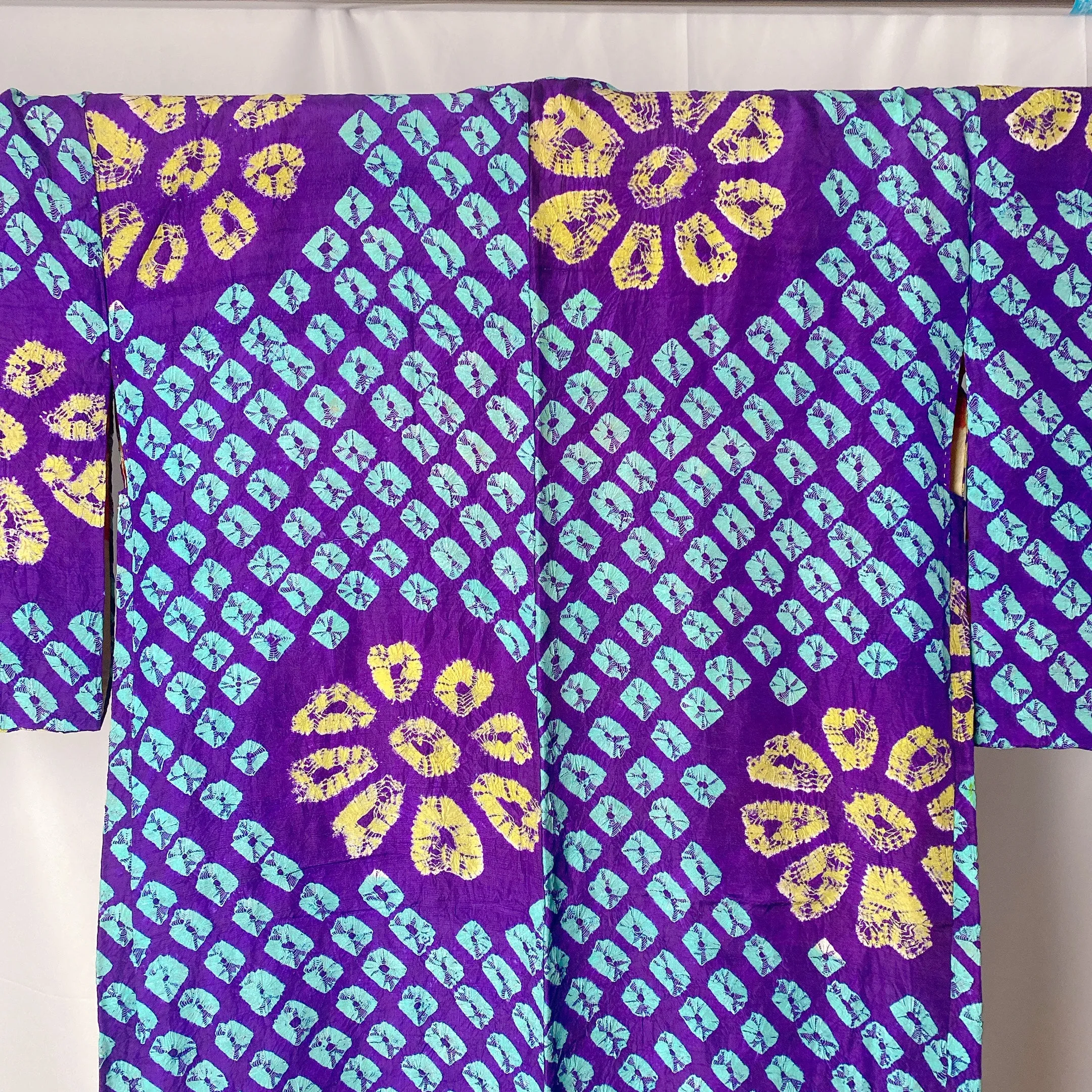 Blue Shibori Haori, Old Item, Japanese Kimono, Flower, Very Good, Cardigan, Women's Jacket, Silk Long outer, Casual Layer, Versatile-M