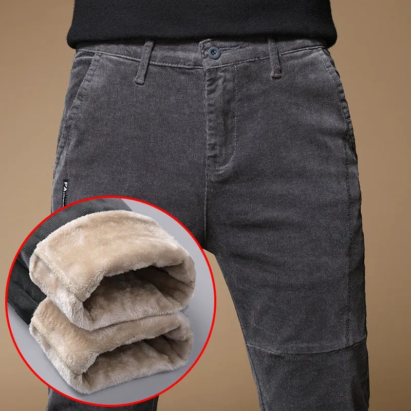Brand Clothing Winter Warm Corduroy Pants Fashion Thick Fleece Slim Office Cotton Cashmere Trousers Male 28-38