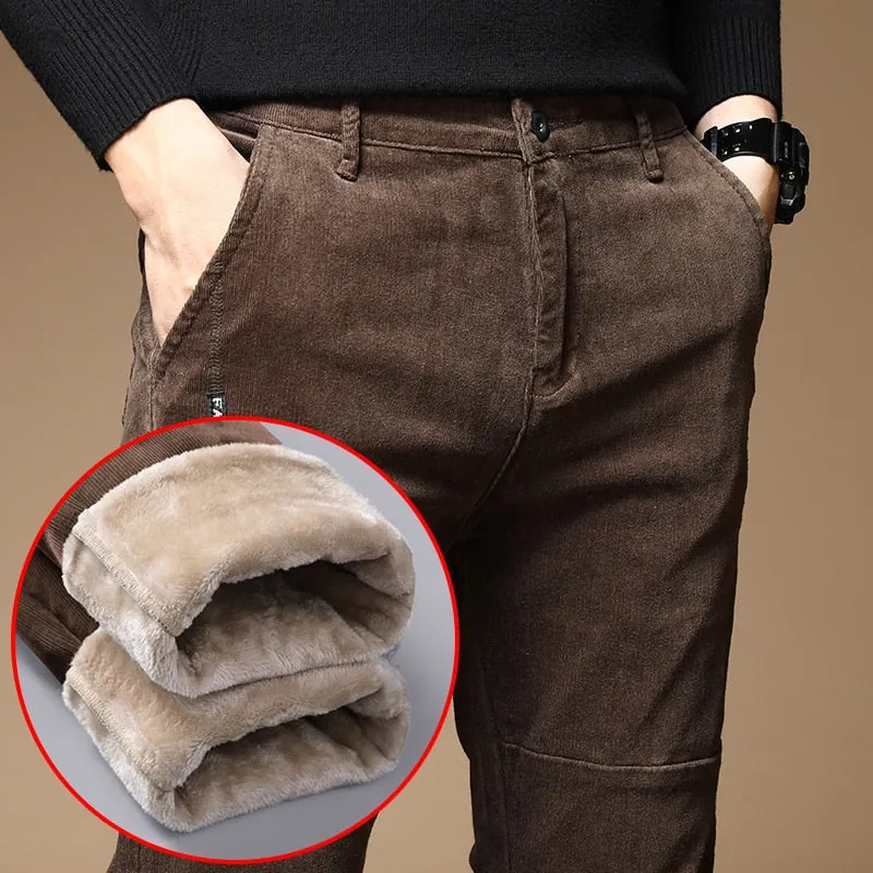 Brand Clothing Winter Warm Corduroy Pants Fashion Thick Fleece Slim Office Cotton Cashmere Trousers Male 28-38