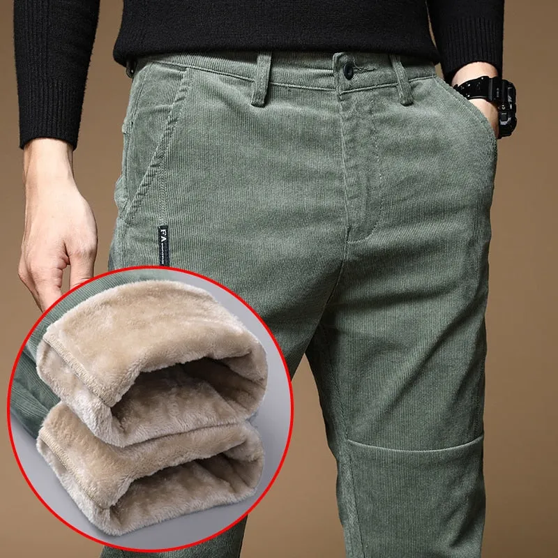 Brand Clothing Winter Warm Corduroy Pants Fashion Thick Fleece Slim Office Cotton Cashmere Trousers Male 28-38