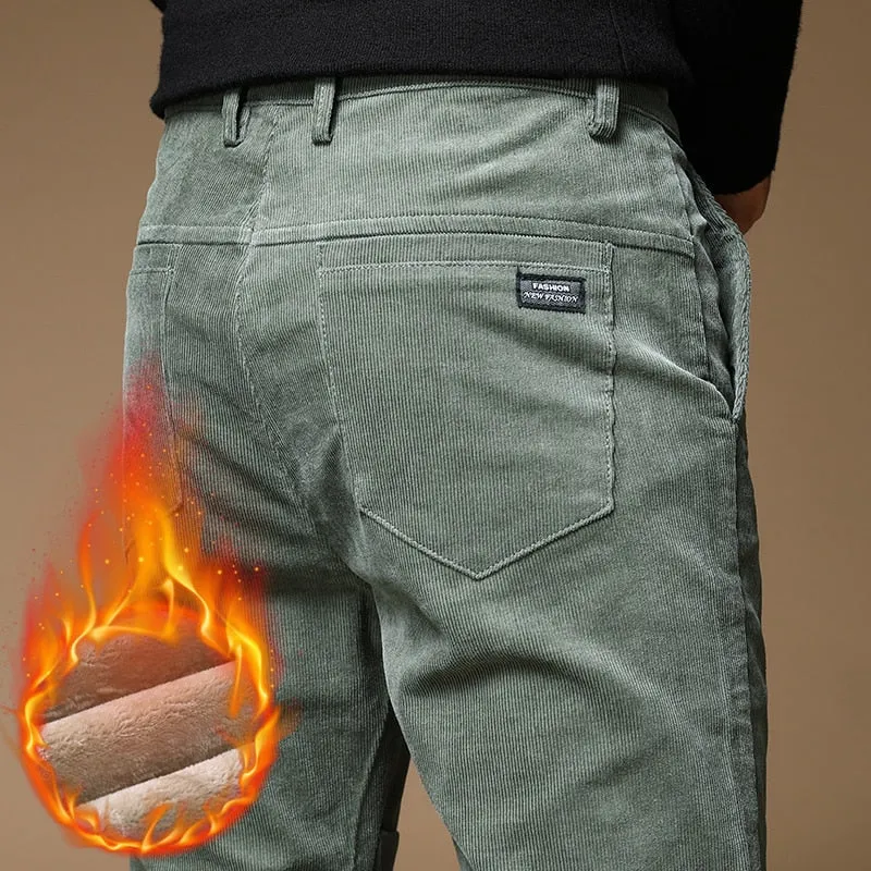 Brand Clothing Winter Warm Corduroy Pants Fashion Thick Fleece Slim Office Cotton Cashmere Trousers Male 28-38