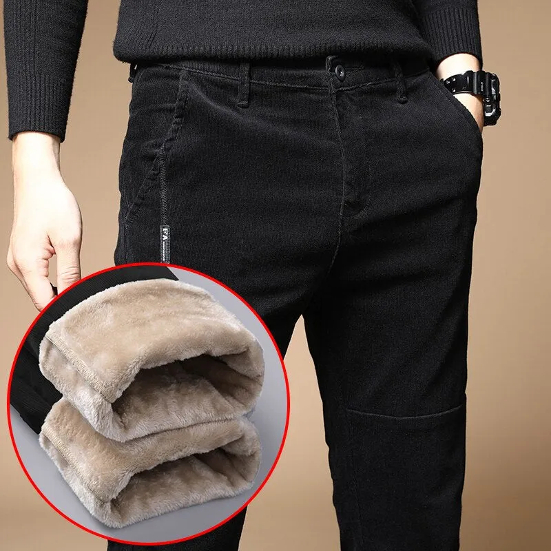 Brand Clothing Winter Warm Corduroy Pants Fashion Thick Fleece Slim Office Cotton Cashmere Trousers Male 28-38