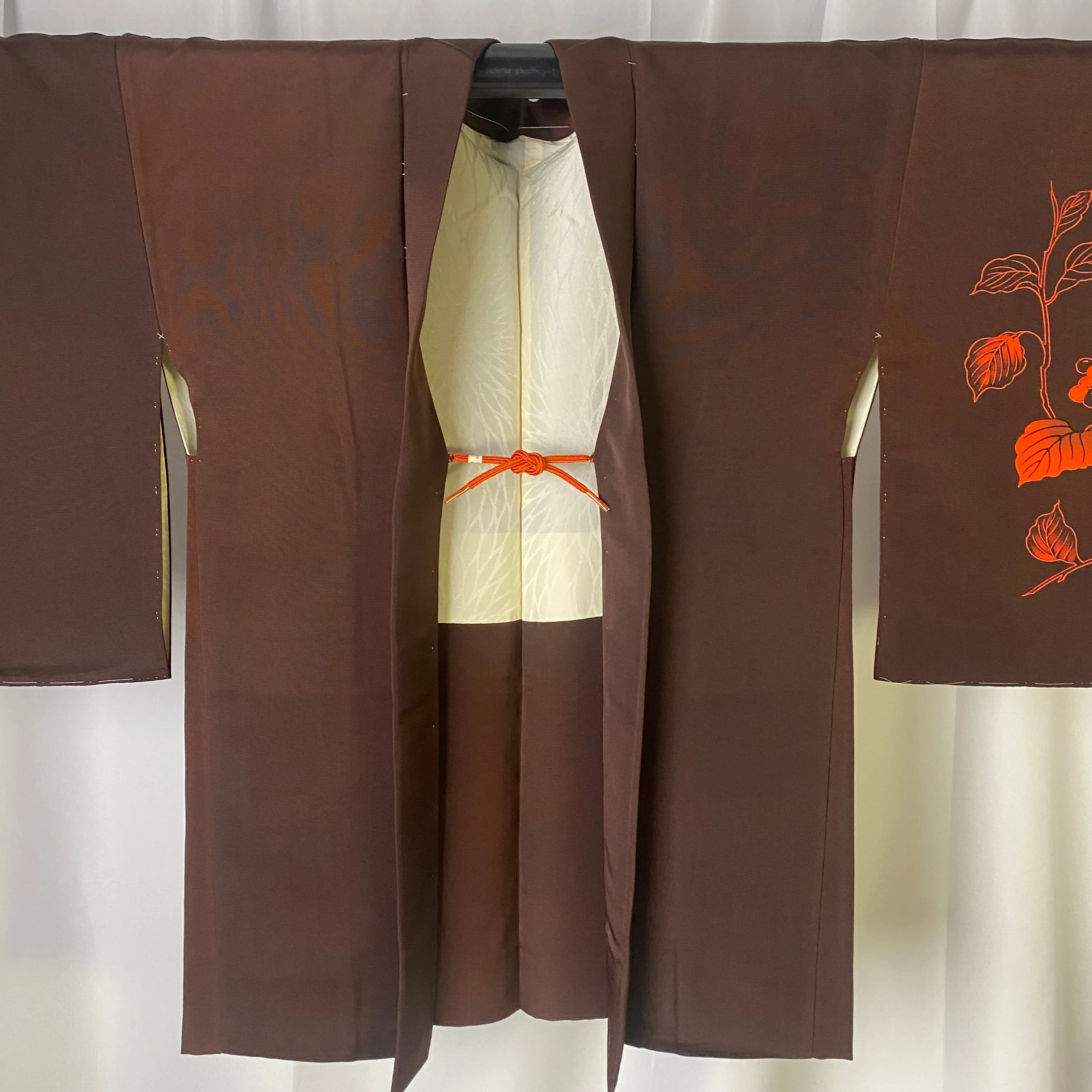Brown Haori, Japanese Kimono, Small Whole, Senryo, Traditional, Flower, Cardigan, Women's Jacket, Silk Long outer, Casual Layer,Versatile M