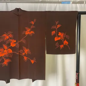 Brown Haori, Japanese Kimono, Small Whole, Senryo, Traditional, Flower, Cardigan, Women's Jacket, Silk Long outer, Casual Layer,Versatile M