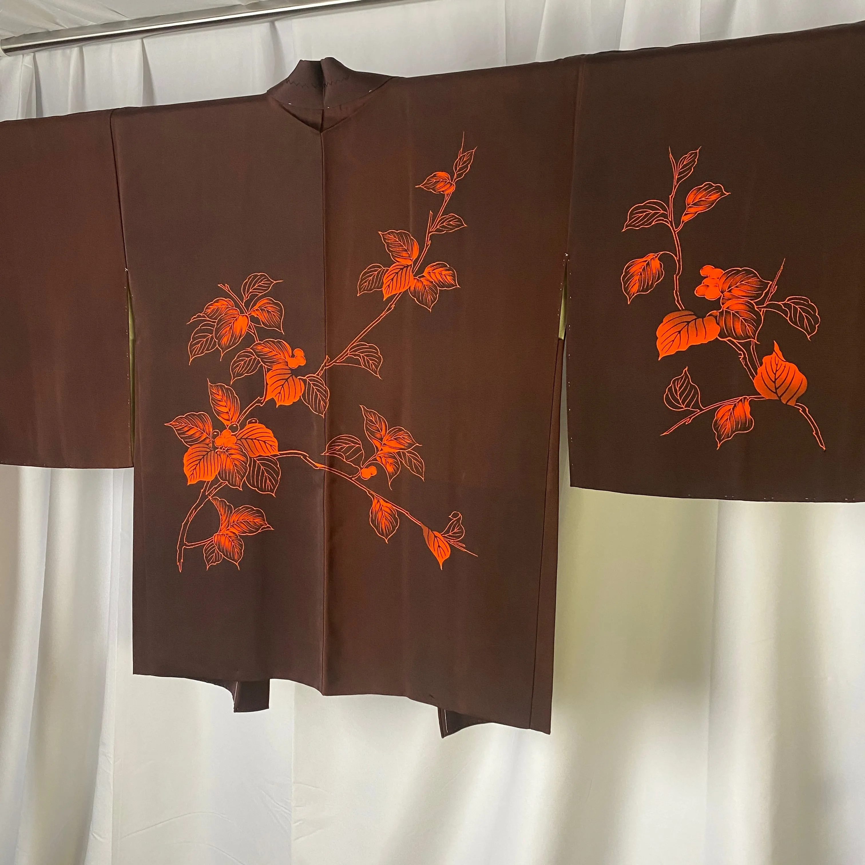Brown Haori, Japanese Kimono, Small Whole, Senryo, Traditional, Flower, Cardigan, Women's Jacket, Silk Long outer, Casual Layer,Versatile M