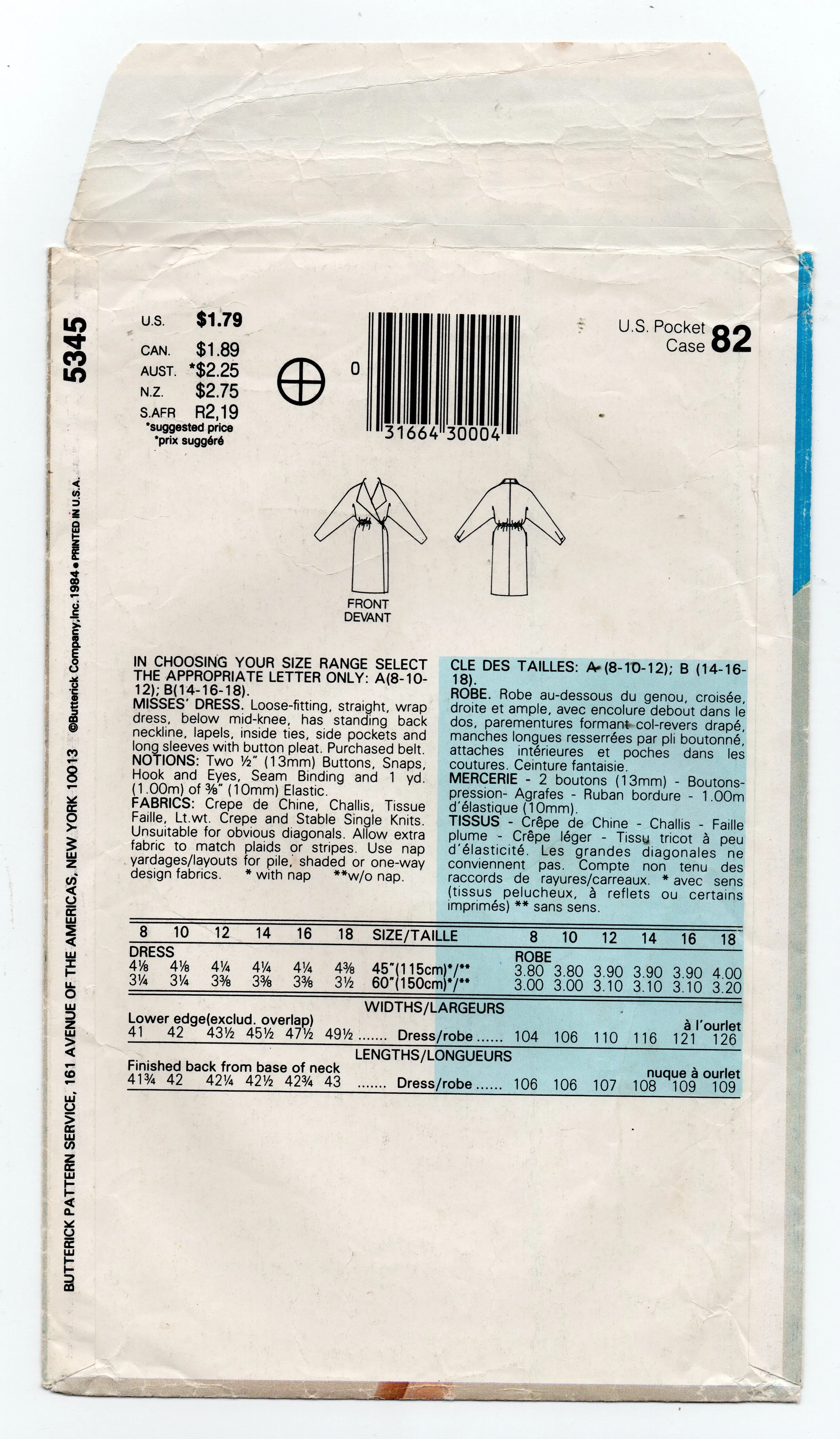 Butterick See & Sew 5345 Womens Wide Collar Wrap Dress 1980s Vintage Sewing Pattern Size 8 - 12
