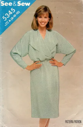 Butterick See & Sew 5345 Womens Wide Collar Wrap Dress 1980s Vintage Sewing Pattern Size 8 - 12