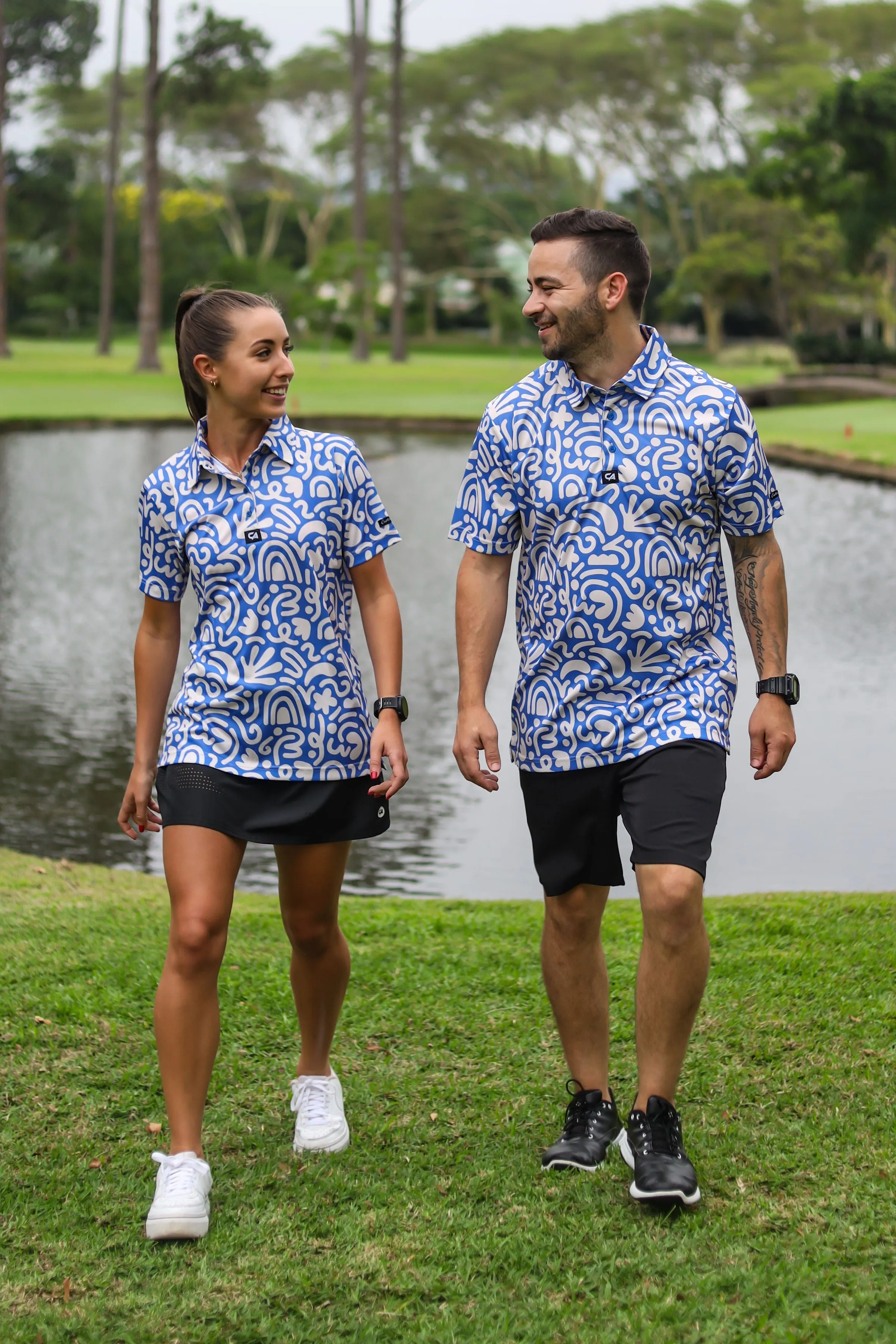 CA Ladies Funky Golf Shirt | Blue & Beige Squiggles