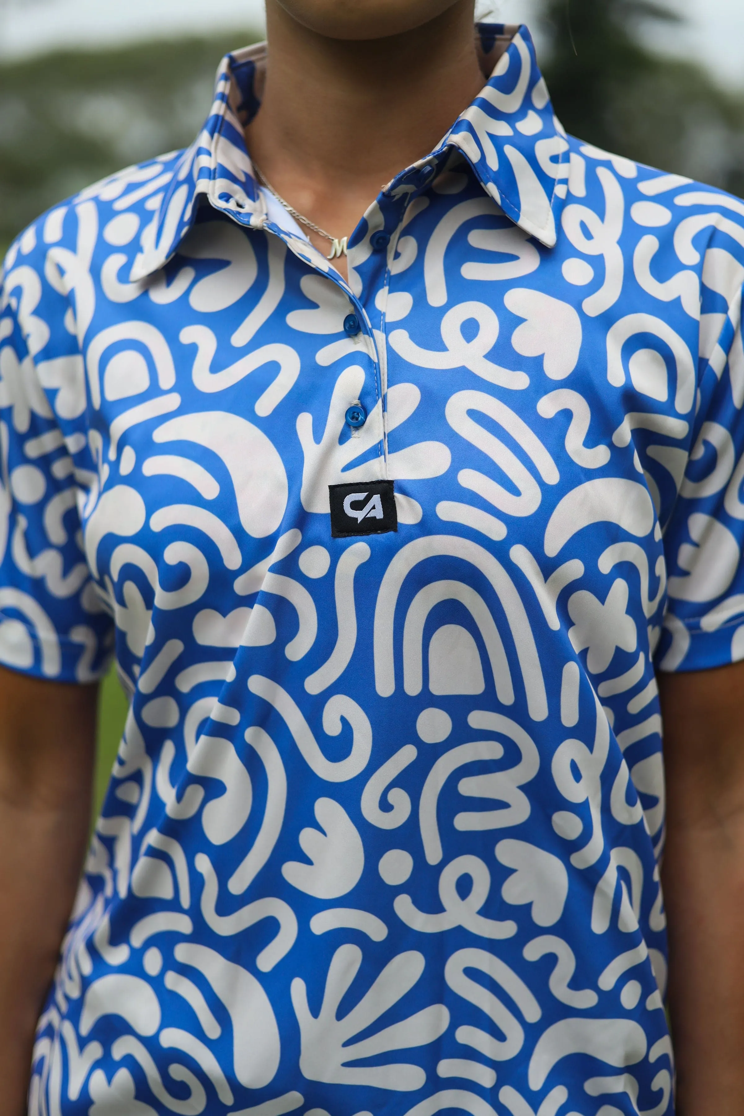 CA Ladies Funky Golf Shirt | Blue & Beige Squiggles