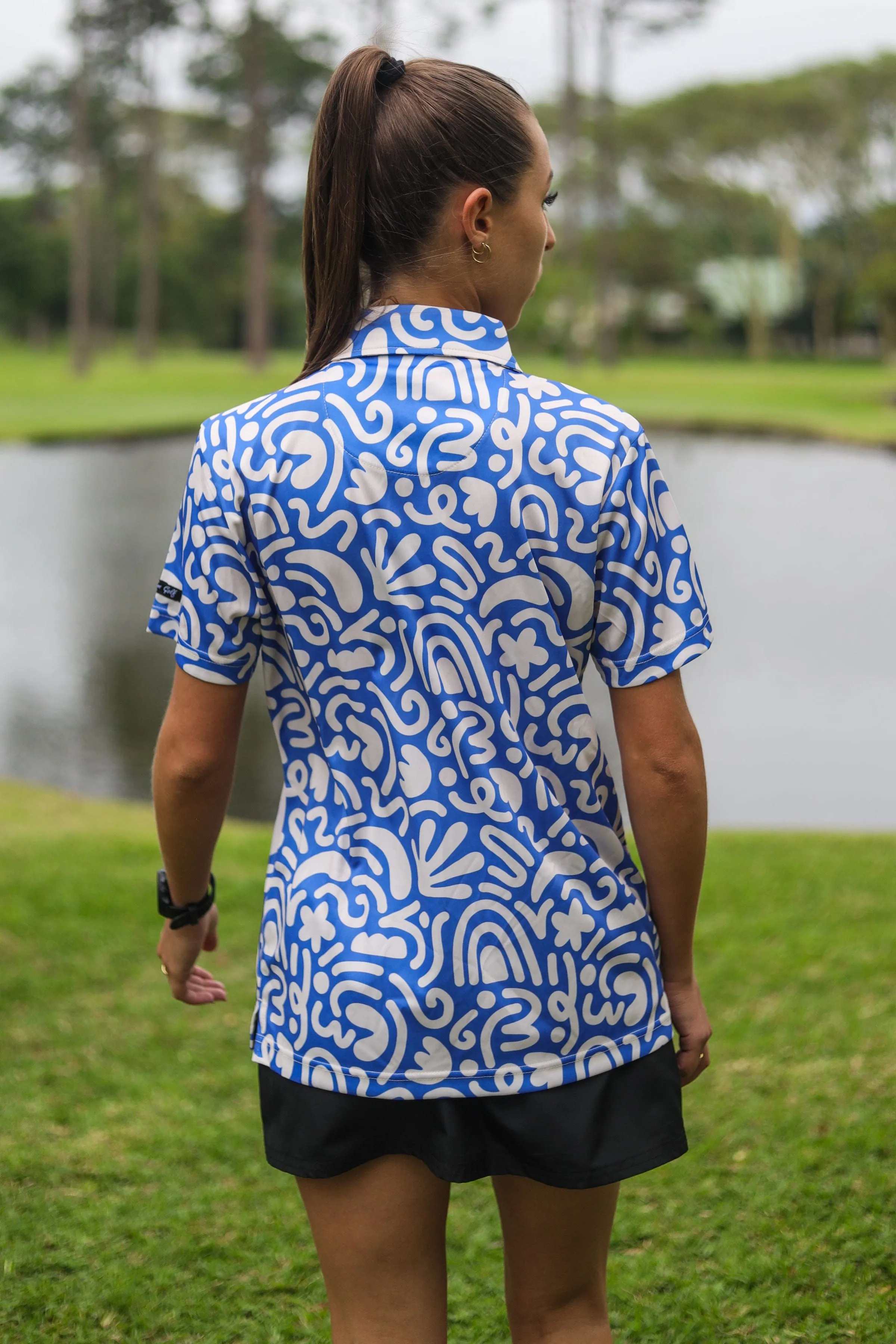 CA Ladies Funky Golf Shirt | Blue & Beige Squiggles