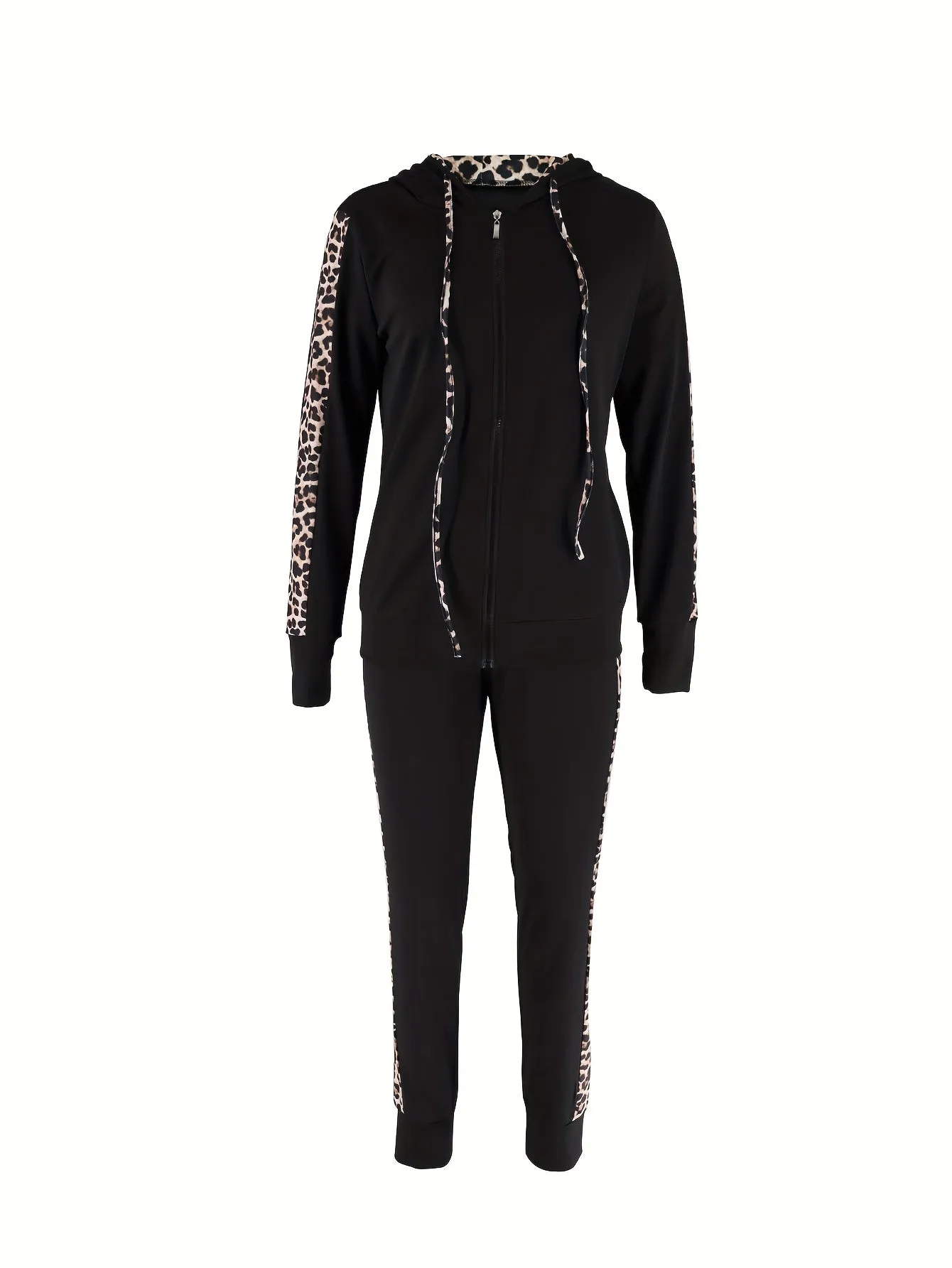 Chic Leopard Print Zip-Up Hoodie & Joggers Set for Women - Casual Long Sleeve with Pockets, Stretchy Polyester Blend, Machine Washable