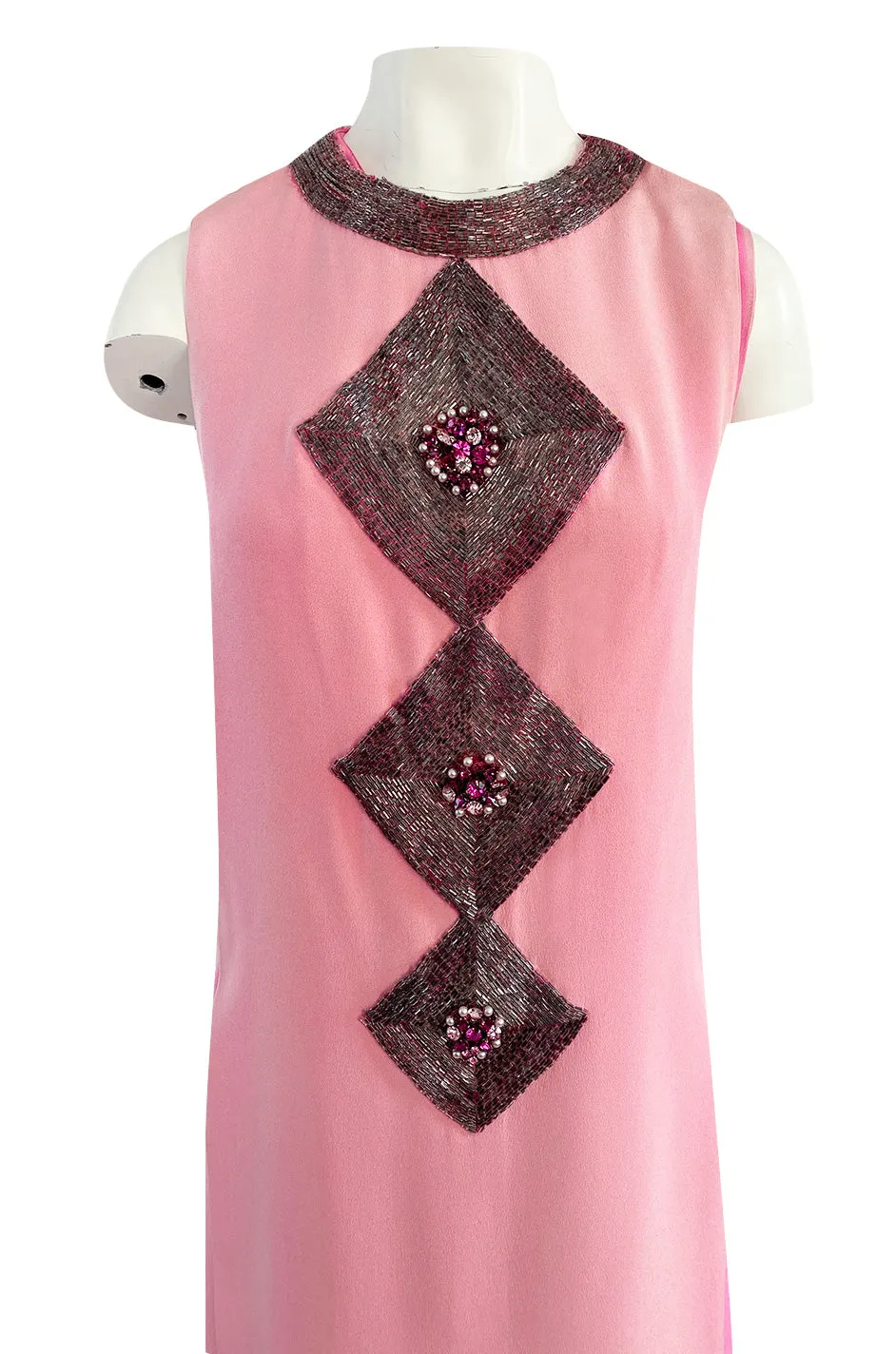 Documented 1969 Pierre Cardin Couture Pink Silk Crepe Diamond Beaded Dress w Overlay