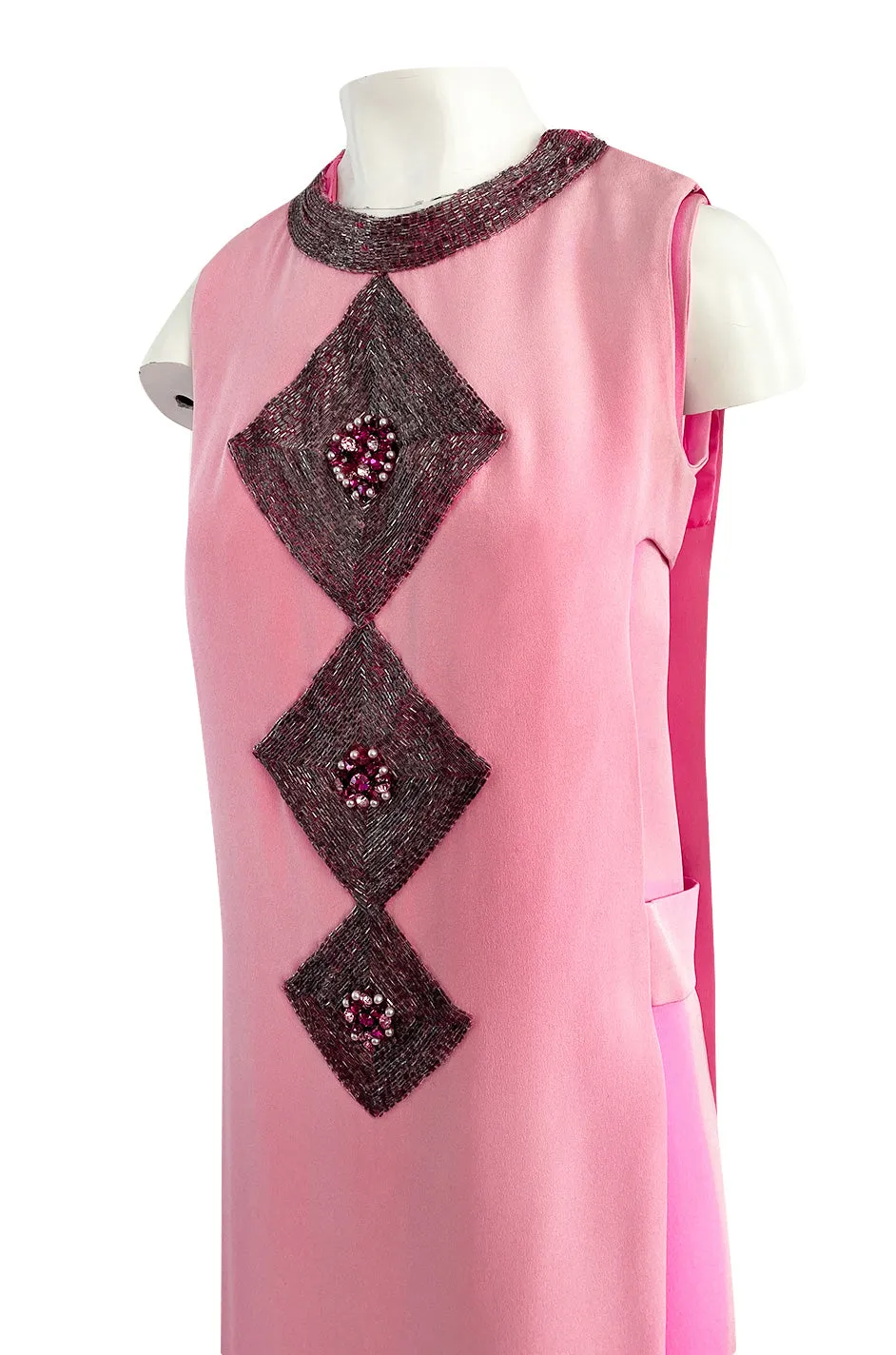 Documented 1969 Pierre Cardin Couture Pink Silk Crepe Diamond Beaded Dress w Overlay