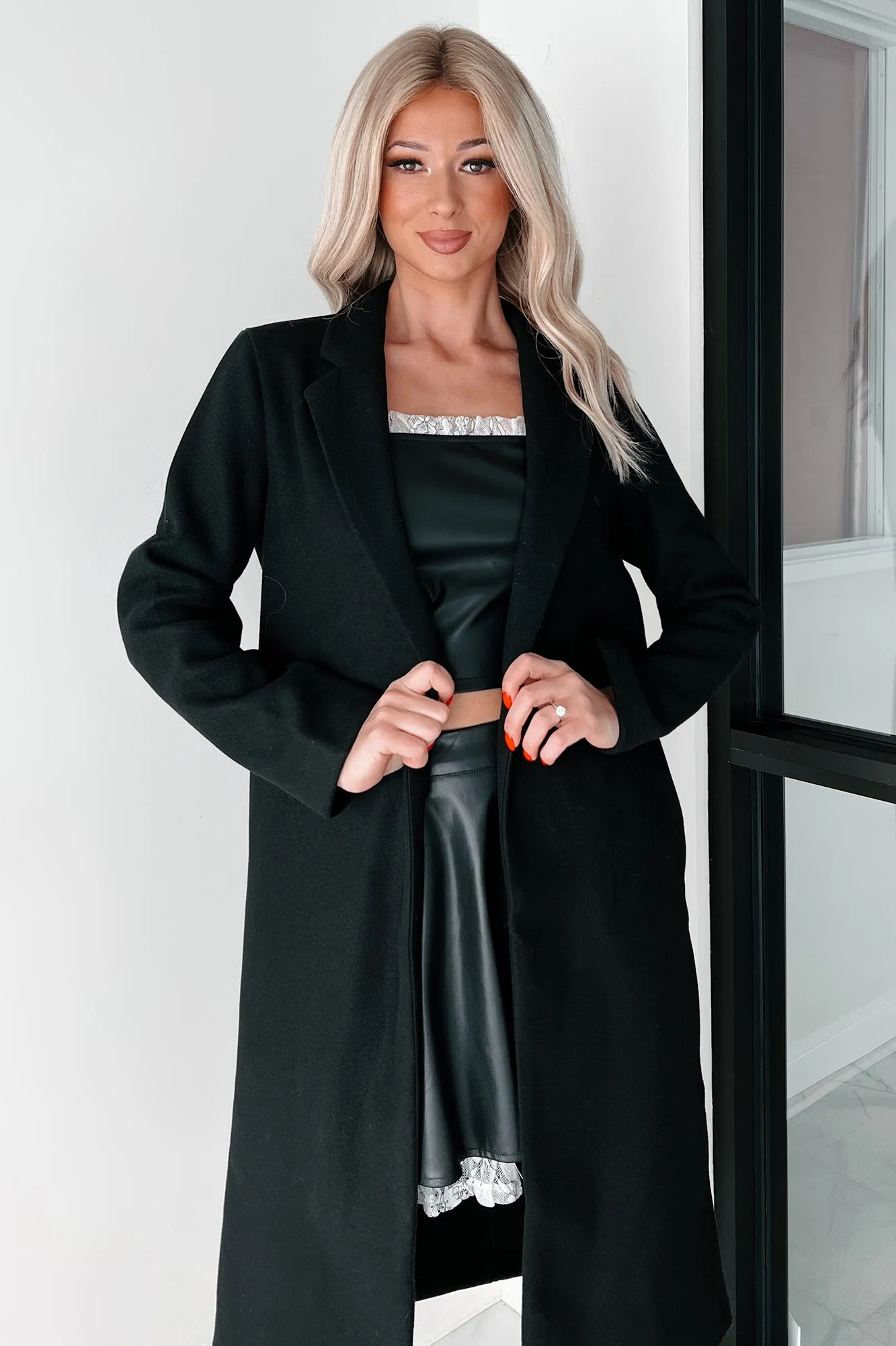DOORBUSTER Fashionable For Fall Brushed Fleece Trench Coat (Black)