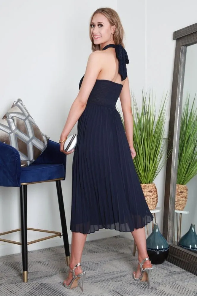 Double Second Cross Halterneck Pleated Skirt Midi Dress