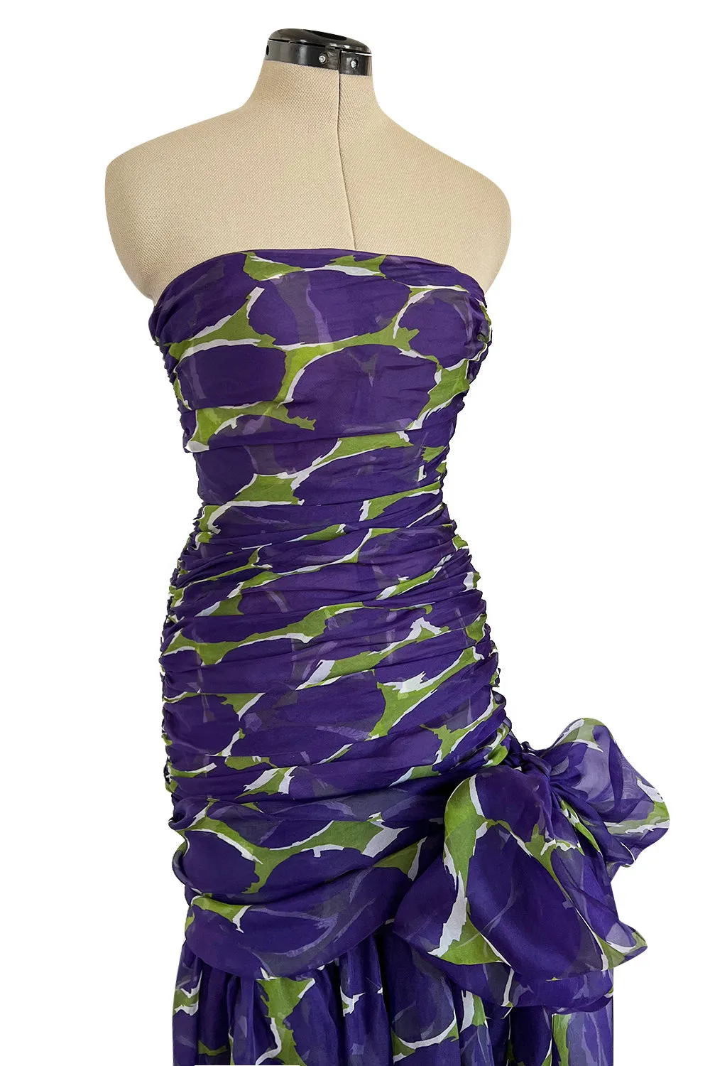 Exceptional Spring 1984 Yves Saint Laurent Runway Strapless Purple & Green Silk Organza Dress