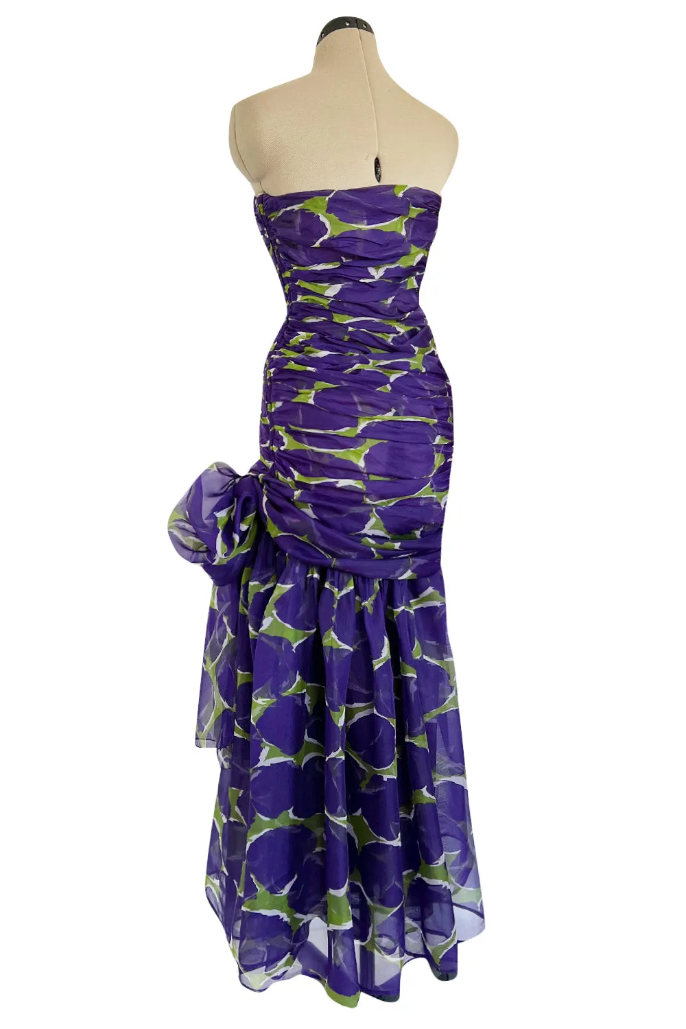 Exceptional Spring 1984 Yves Saint Laurent Runway Strapless Purple & Green Silk Organza Dress