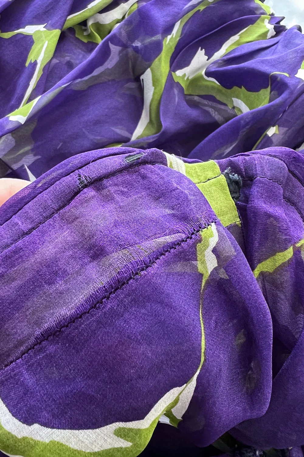 Exceptional Spring 1984 Yves Saint Laurent Runway Strapless Purple & Green Silk Organza Dress