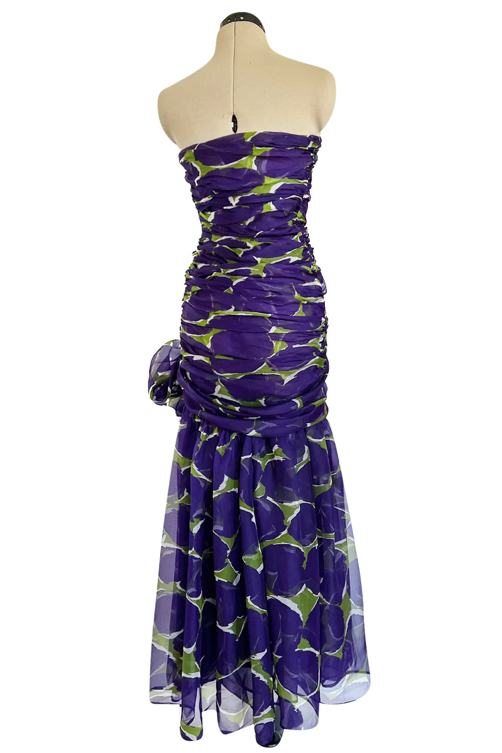 Exceptional Spring 1984 Yves Saint Laurent Runway Strapless Purple & Green Silk Organza Dress