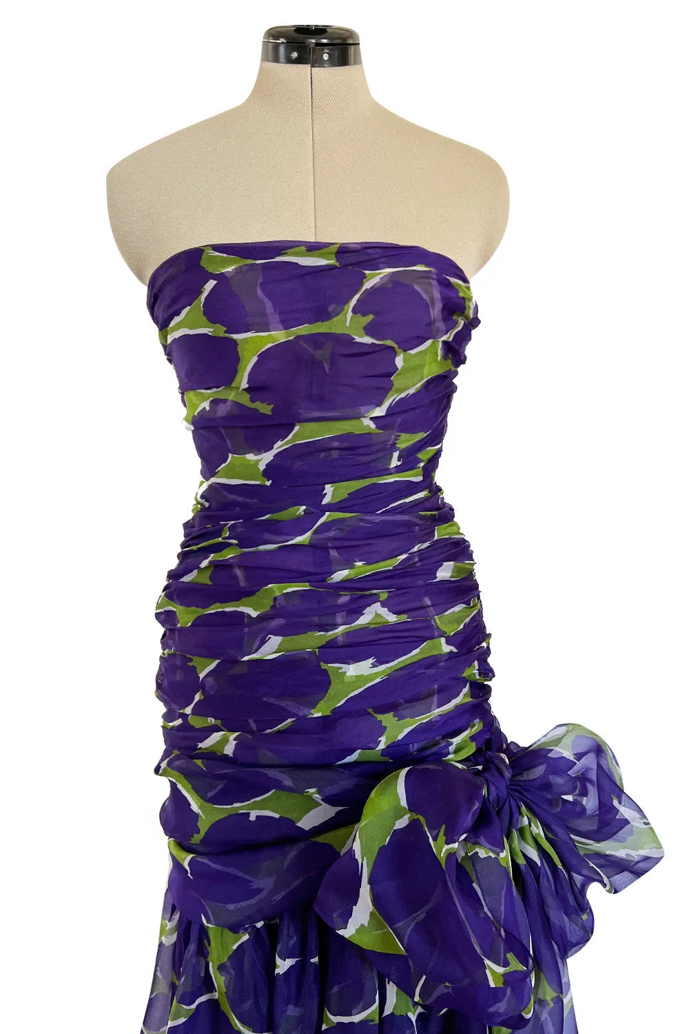 Exceptional Spring 1984 Yves Saint Laurent Runway Strapless Purple & Green Silk Organza Dress