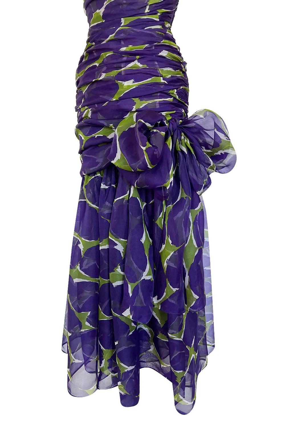 Exceptional Spring 1984 Yves Saint Laurent Runway Strapless Purple & Green Silk Organza Dress