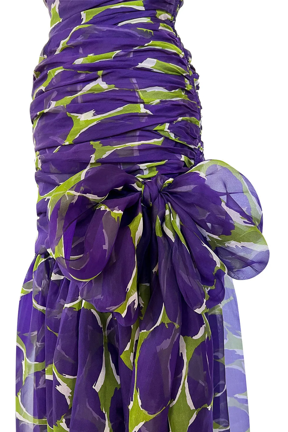 Exceptional Spring 1984 Yves Saint Laurent Runway Strapless Purple & Green Silk Organza Dress