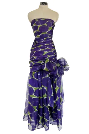 Exceptional Spring 1984 Yves Saint Laurent Runway Strapless Purple & Green Silk Organza Dress
