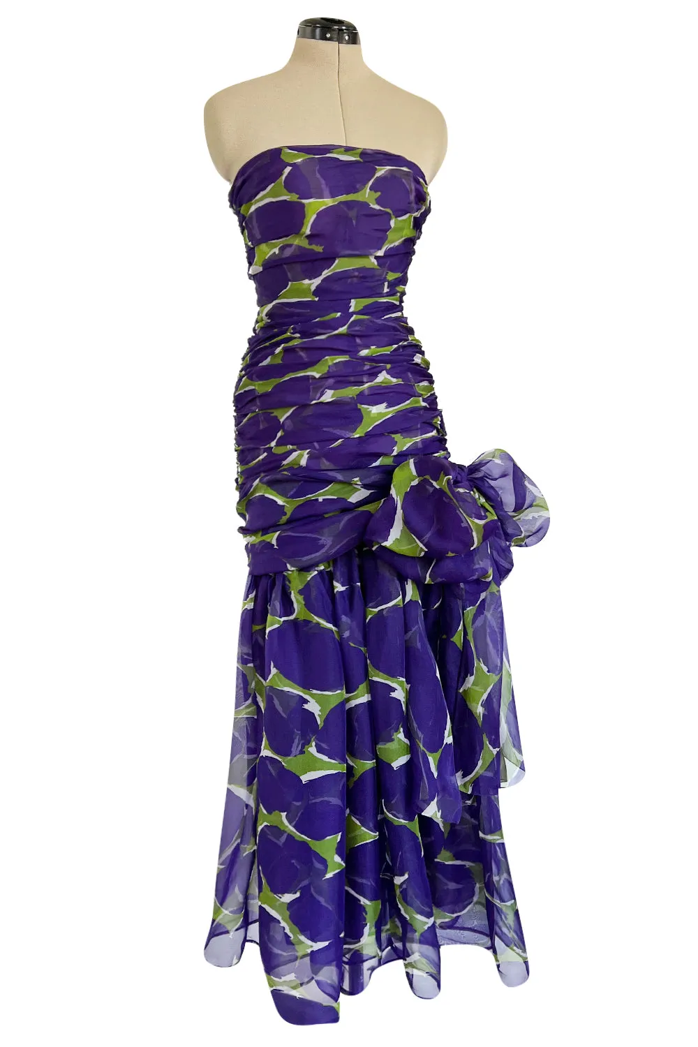 Exceptional Spring 1984 Yves Saint Laurent Runway Strapless Purple & Green Silk Organza Dress