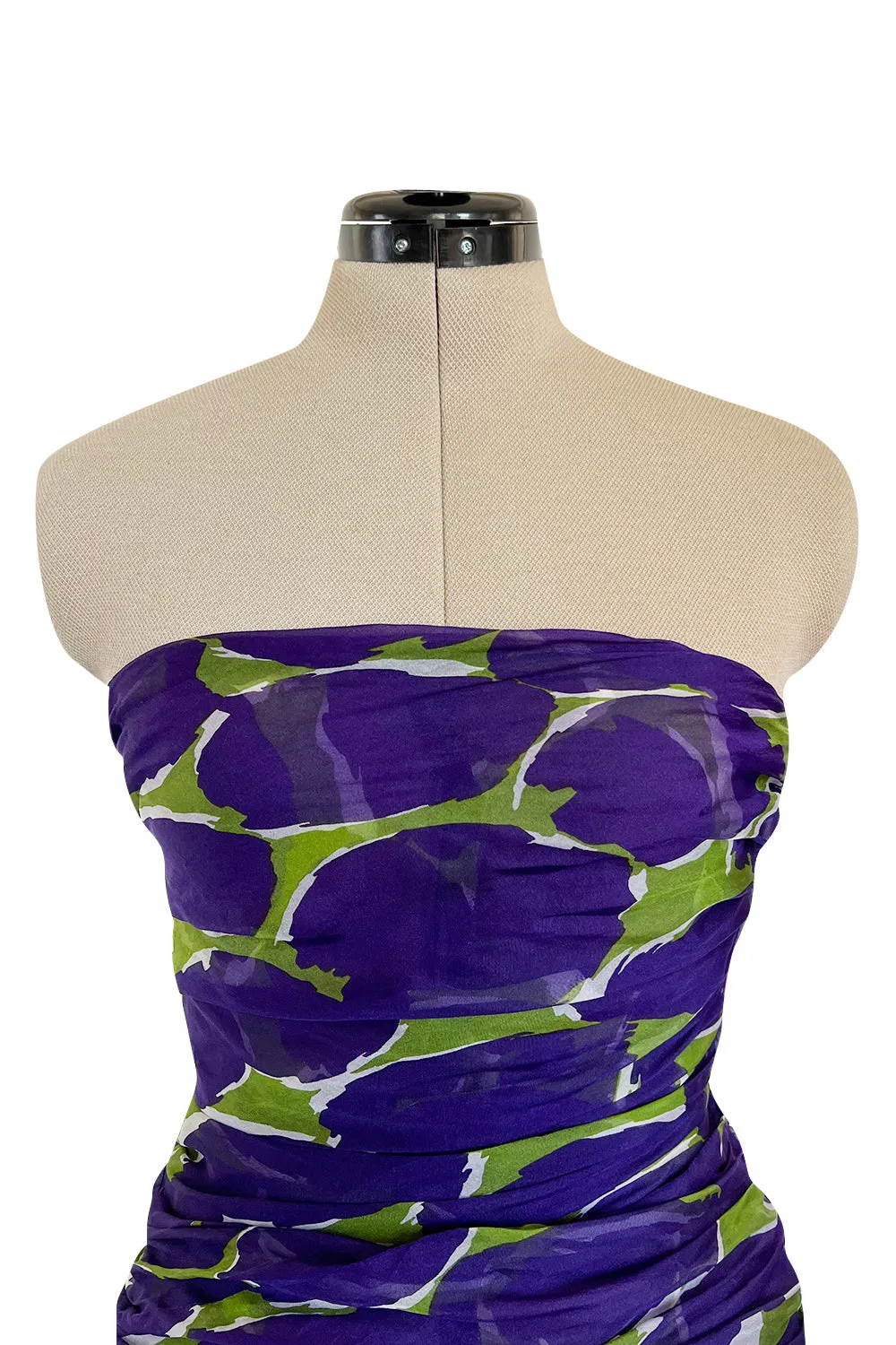 Exceptional Spring 1984 Yves Saint Laurent Runway Strapless Purple & Green Silk Organza Dress