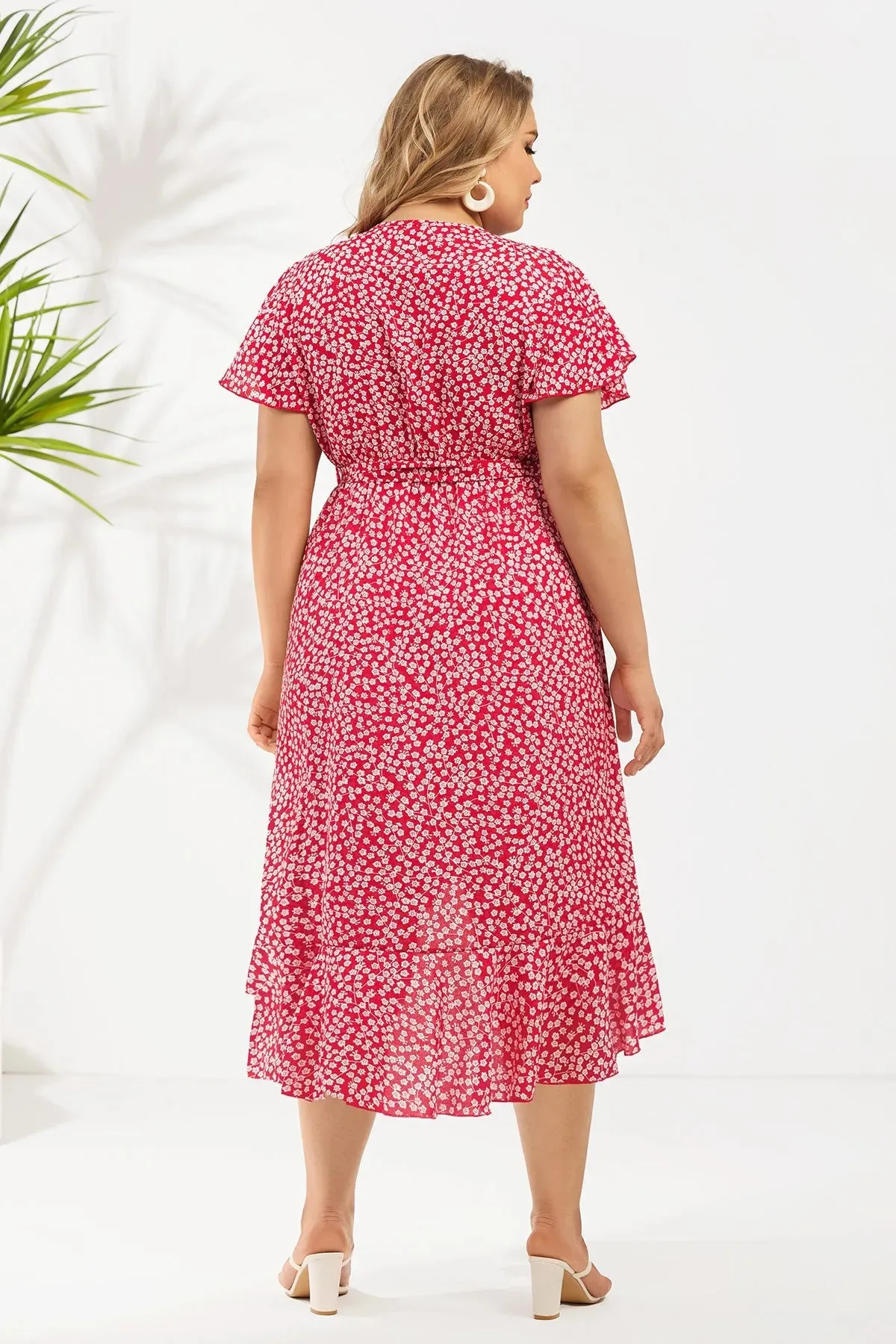Floral Red Flutter Sleeves Ruffle Wrap Split Hem Dress
