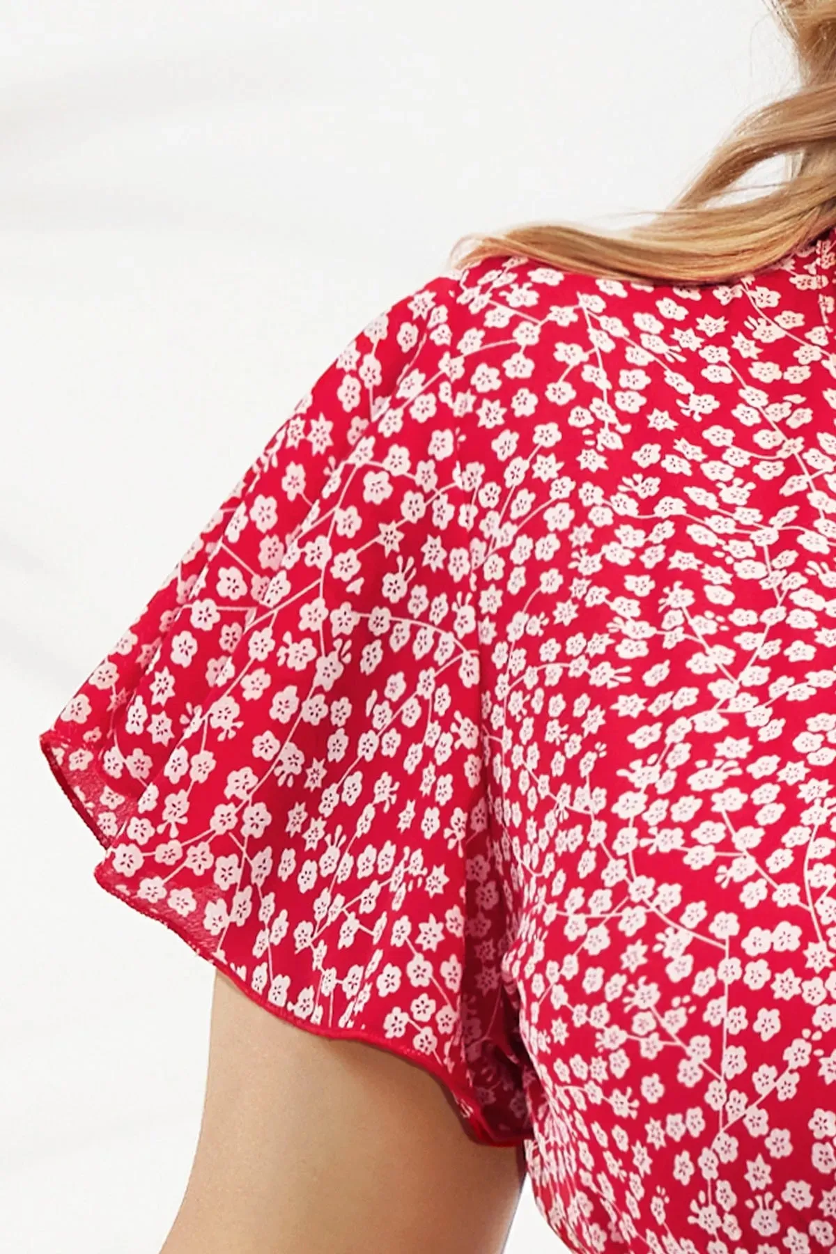 Floral Red Flutter Sleeves Ruffle Wrap Split Hem Dress