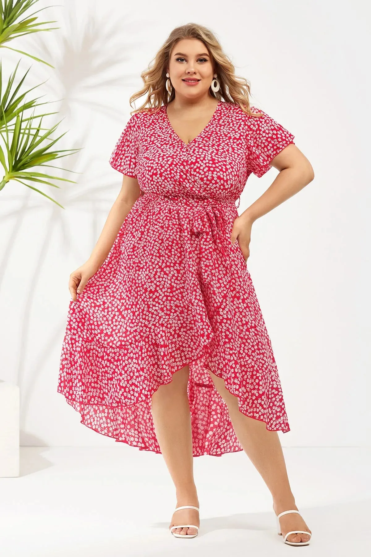 Floral Red Flutter Sleeves Ruffle Wrap Split Hem Dress
