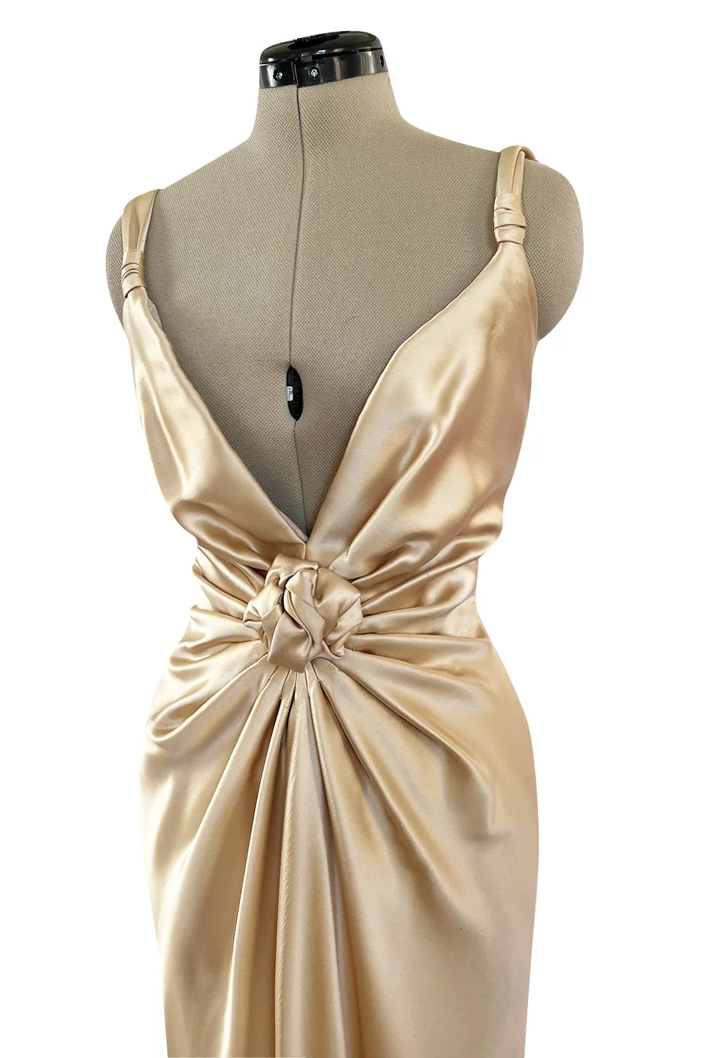 Iconic Fall 1980 John Anthony Couture Plunge Front Gold Silk Charmeuse Halter Dress w Bare Back