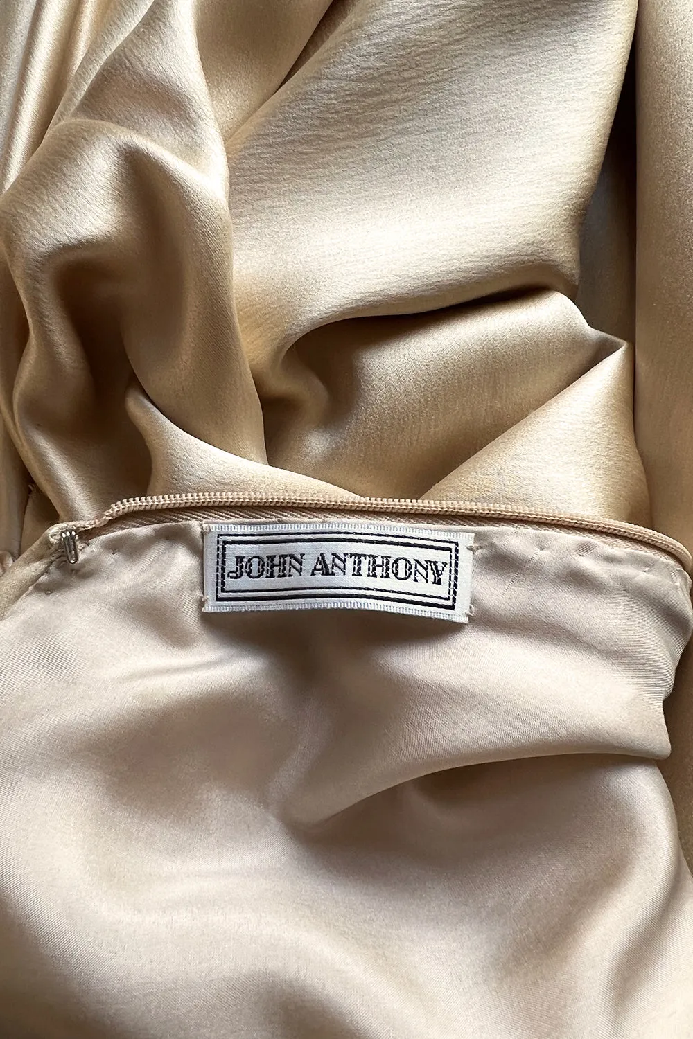 Iconic Fall 1980 John Anthony Couture Plunge Front Gold Silk Charmeuse Halter Dress w Bare Back