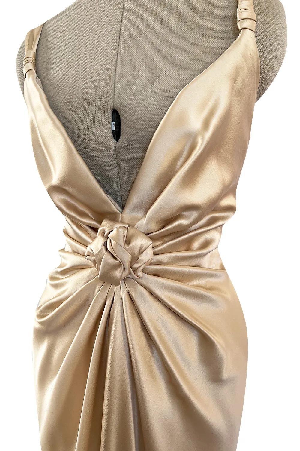 Iconic Fall 1980 John Anthony Couture Plunge Front Gold Silk Charmeuse Halter Dress w Bare Back
