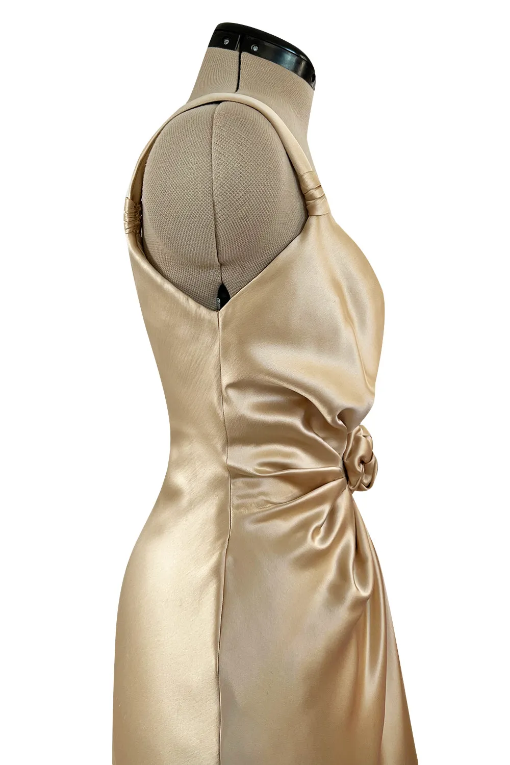 Iconic Fall 1980 John Anthony Couture Plunge Front Gold Silk Charmeuse Halter Dress w Bare Back