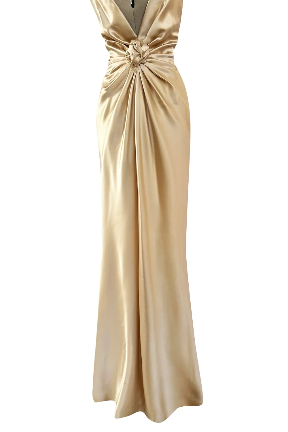 Iconic Fall 1980 John Anthony Couture Plunge Front Gold Silk Charmeuse Halter Dress w Bare Back