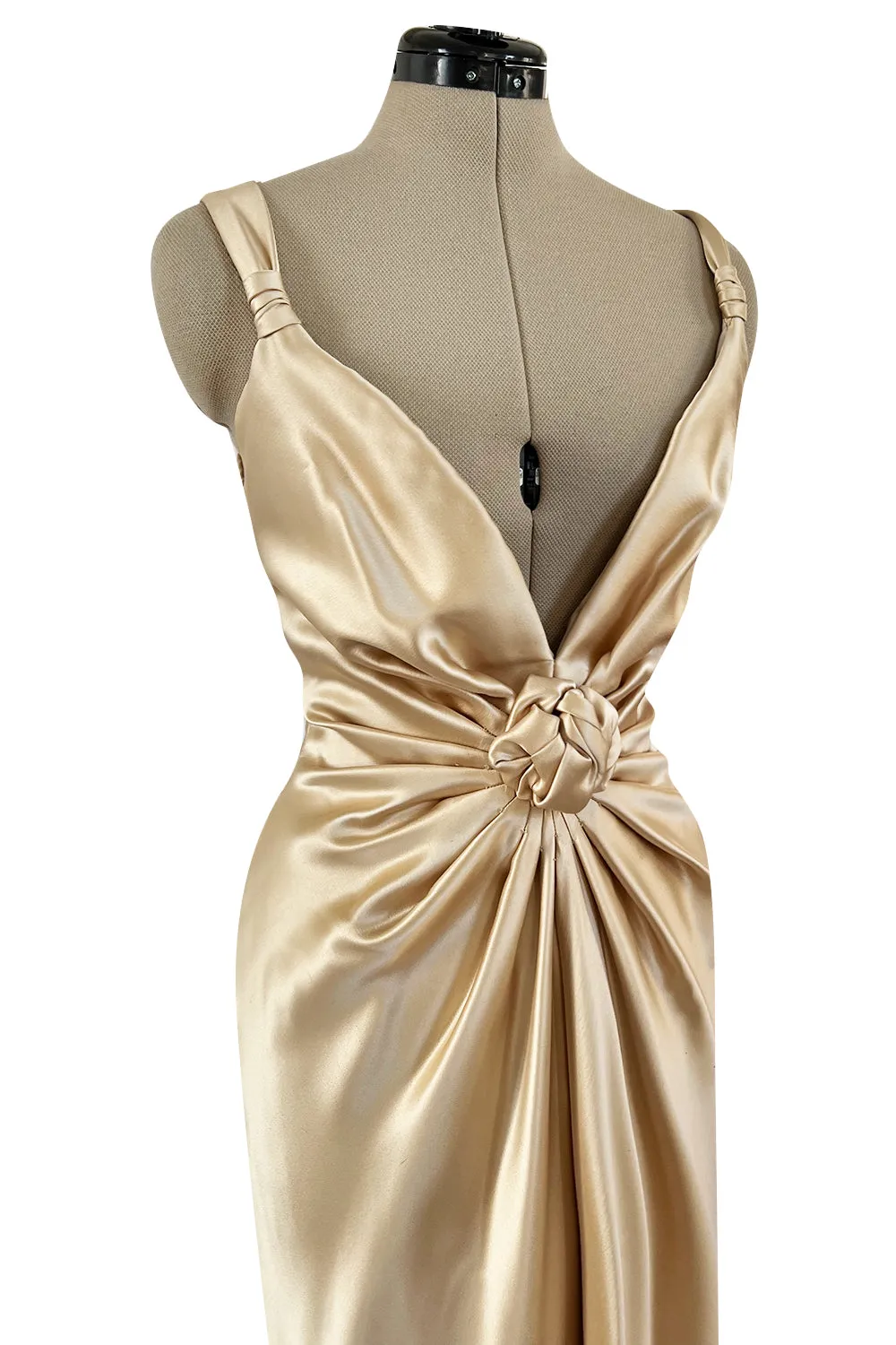 Iconic Fall 1980 John Anthony Couture Plunge Front Gold Silk Charmeuse Halter Dress w Bare Back