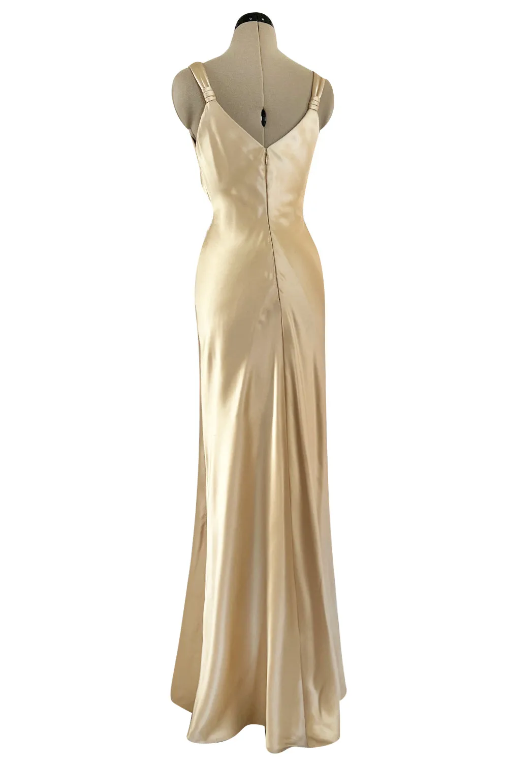 Iconic Fall 1980 John Anthony Couture Plunge Front Gold Silk Charmeuse Halter Dress w Bare Back