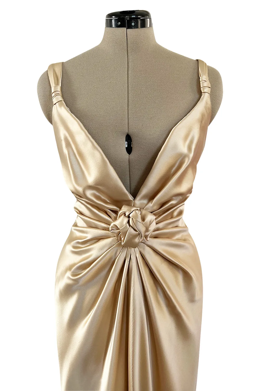 Iconic Fall 1980 John Anthony Couture Plunge Front Gold Silk Charmeuse Halter Dress w Bare Back