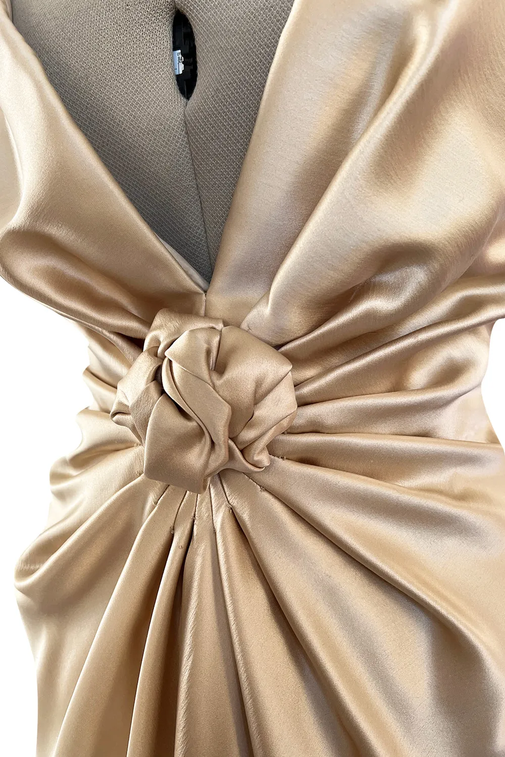 Iconic Fall 1980 John Anthony Couture Plunge Front Gold Silk Charmeuse Halter Dress w Bare Back
