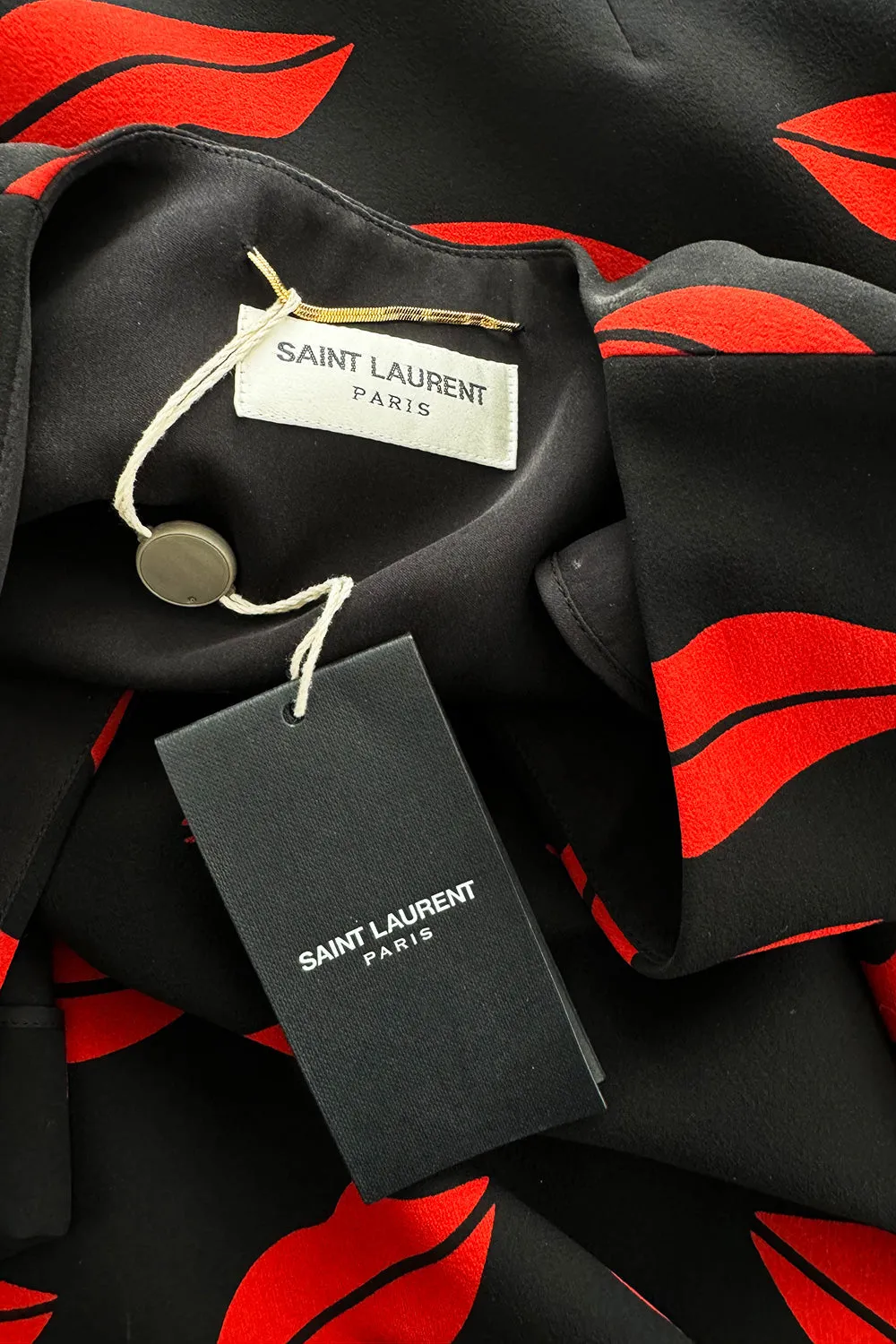 Iconic Spring 2014 Saint Laurent by Heidi Slimane Black & Red Lip Print Silk Wrap Dress