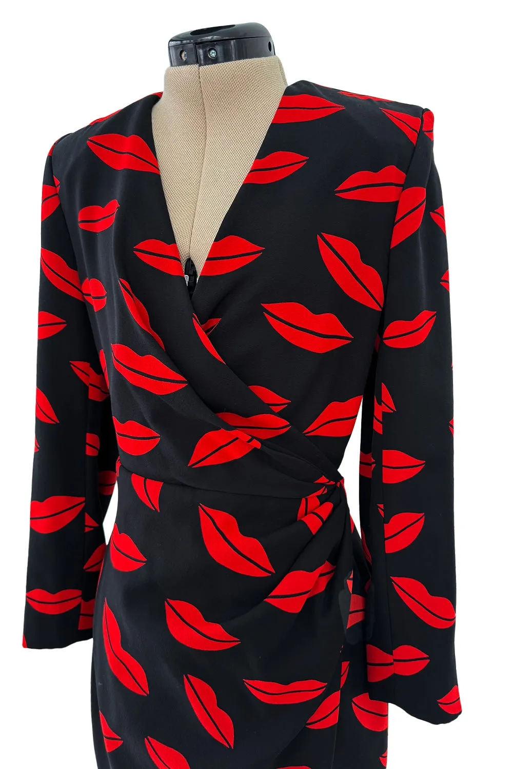 Iconic Spring 2014 Saint Laurent by Heidi Slimane Black & Red Lip Print Silk Wrap Dress
