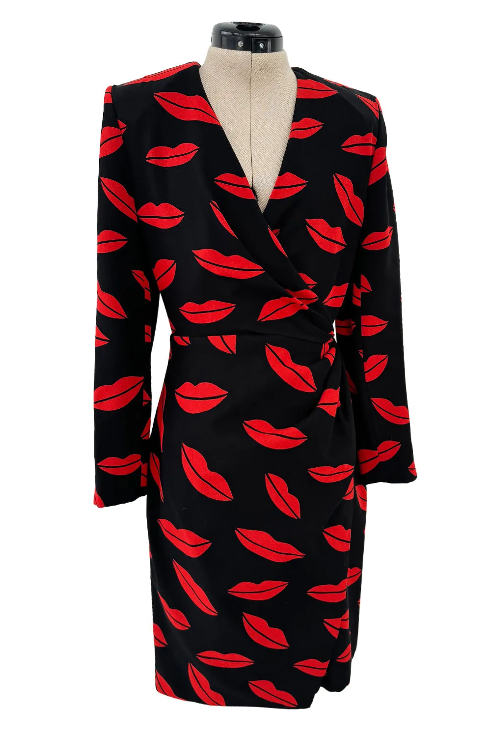 Iconic Spring 2014 Saint Laurent by Heidi Slimane Black & Red Lip Print Silk Wrap Dress